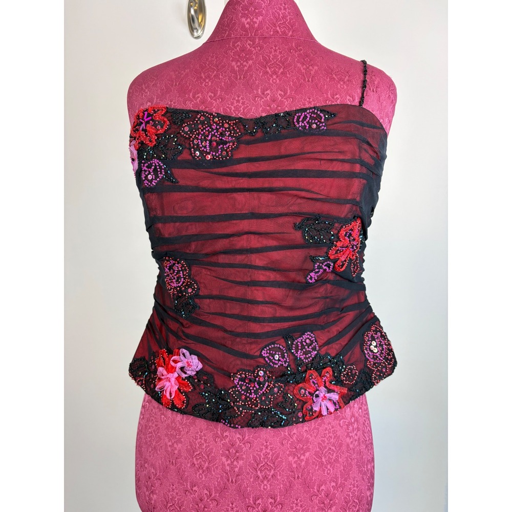 Kay Unger Zip Corset Top 14 Red Black Beaded Floral Mesh Y2K Whimsigoth Bustier